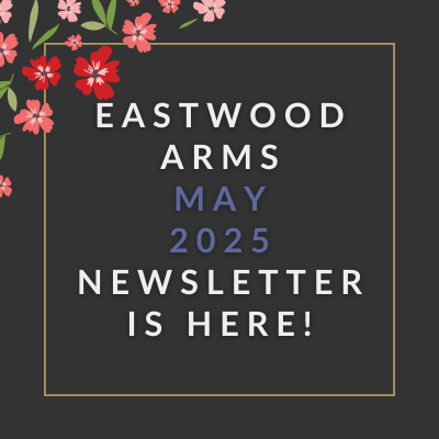 a white and blue background with the words eastwood arms december 2024 newsletter is