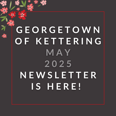 A black background with a border of pink hearts announces the Georgetown of Kettering February 2025 newsletter.