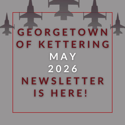 A red square with white text announcing the Georgetown of Kettering December 2024 newsletter.