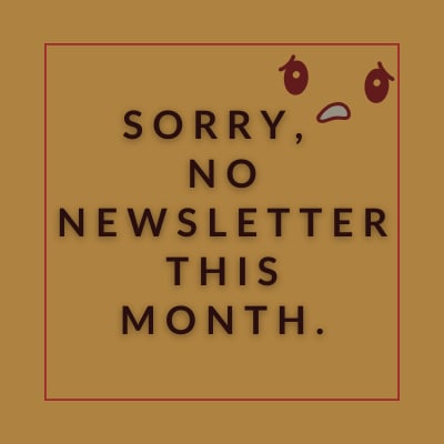 an image of a red background with a white text saying sorry no newsletter this month