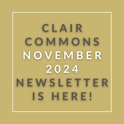 a gray background with a white and gold text that says clear commons november