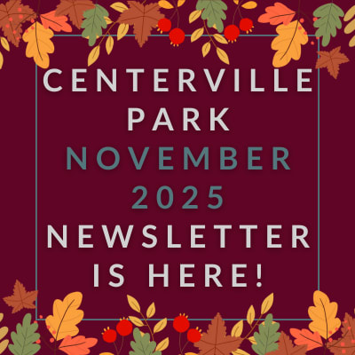 a brown background with a blue border and the words centerville park july 23,2013