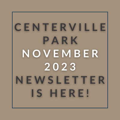a brown background with a blue border and the words centerville park april 23 newsletter is
