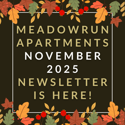 a sign that says meadowrun apartments april 22 23 newsletter is here