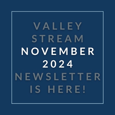 a white frame on a blue background with the words valley stream january 2024 newsletter