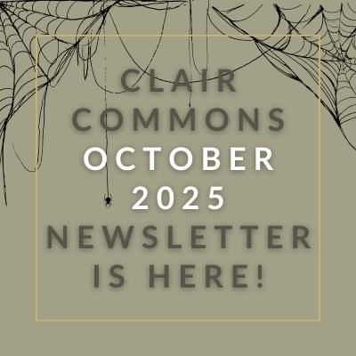 a brown background with a white outline and yellow text that reads clair commons july 23
