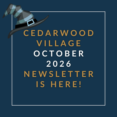 The image announces the release of the Cedarwood Village February 2025 newsletter.