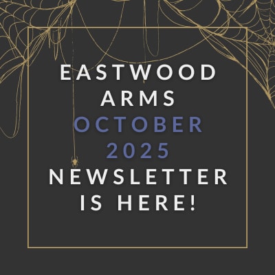 a blue background with the words eastwood arms apartments february 23 23 newspaper is here