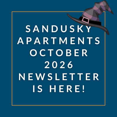 The image announces the availability of the Sandusky Apartments February 2025 Newsletter.
