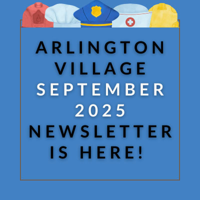 a blue background with the words arlington village april 23 newspaper is here