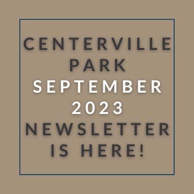 a brown background with a blue border and the words centerville park may 23 23 newspaper is