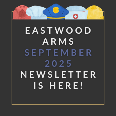 a blue background with the words eastwood arms apartments february 23 23 newspaper is here