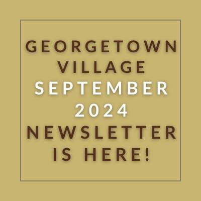 a gold background with the words georgetown village august 23 newspaper is here in a white