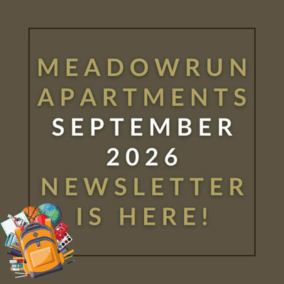 A black background with a border of pink and red hearts announces the Meadowrun Apartments February 2025 newsletter.