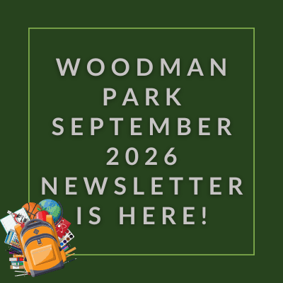 A green newsletter cover for Woodman Park in February 2025.