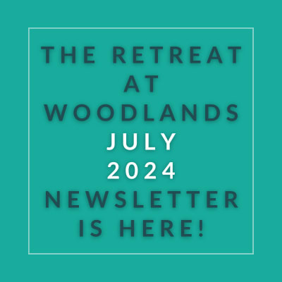 a aqua background with a white frame and the words the retreat at woodlands