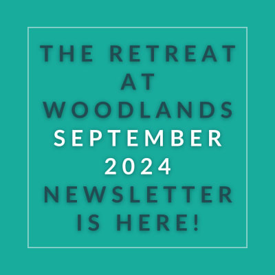 a aqua background with the words the retreat at woodlands september 2024