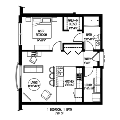 A floor plan of a house with a kitchen, living room, and two bedrooms.