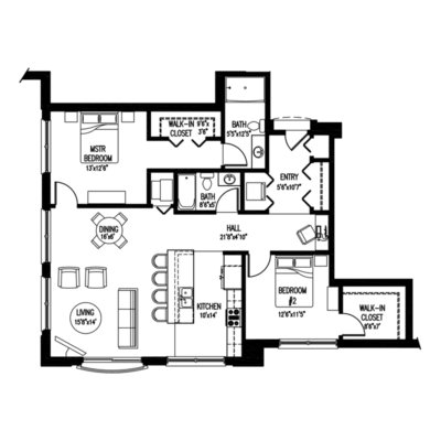 A black and white floor plan of a house with various rooms and furniture.