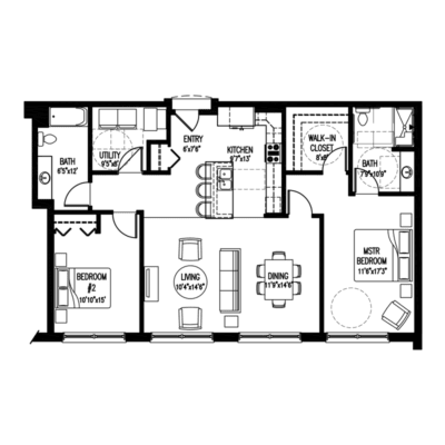 A black and white floor plan of a house with a kitchen, living room, and two bedrooms.