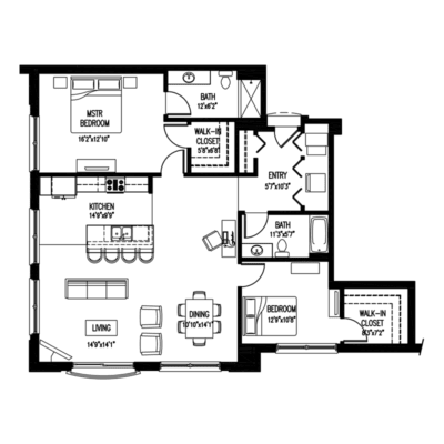 A black and white image of a floor plan with various rooms and furniture.