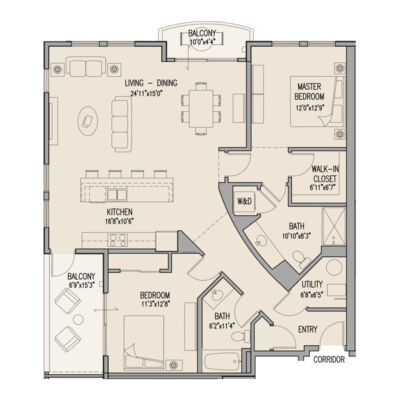 A floor plan of a house with a living room, dining room, kitchen, and two bedrooms.