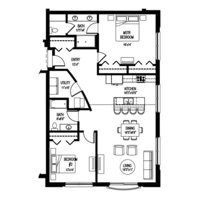 A black and white image of a floor plan with various rooms and furniture.