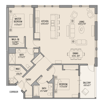 A floor plan of a house with labeled rooms and dimensions.