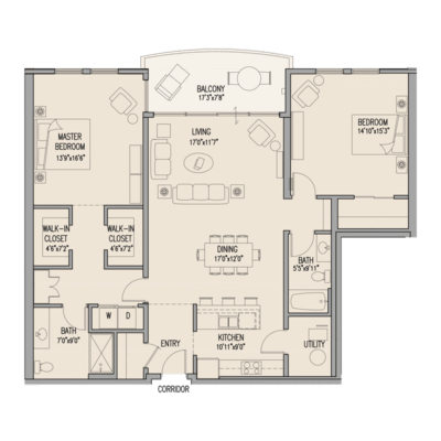 A floor plan of a house with a master bedroom, two bathrooms, a living room, a dining room, a kitchen, and a utility space.