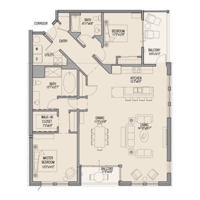 A floor plan of a house with a master bedroom, two bathrooms, a kitchen, a dining area, a living room, and a balcony.