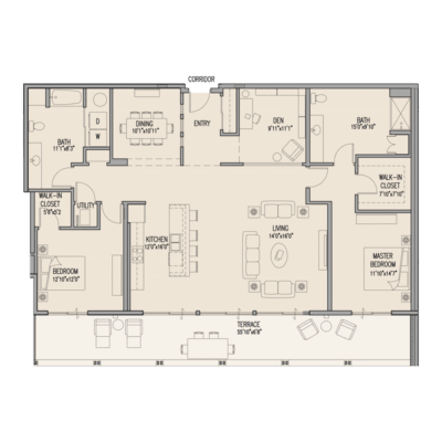 A floor plan of a house with a kitchen, living room, and bathrooms.