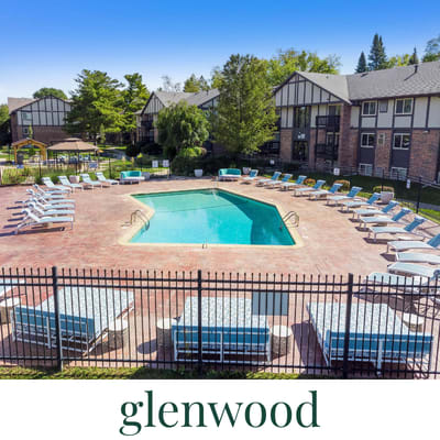 A pool surrounded by chairs and the words Glenwood on the bottom.