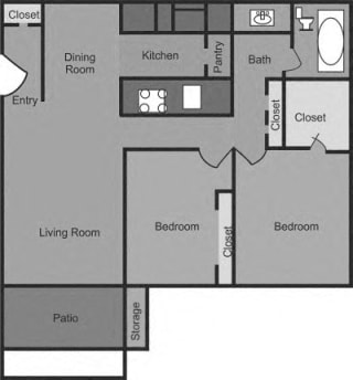 2 Bedroom 1 Bathroom Floorplan