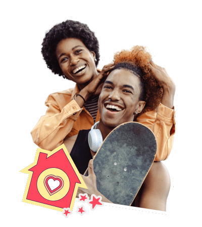 Two people hugging with a skateboard and a house with a heart in the middle.
