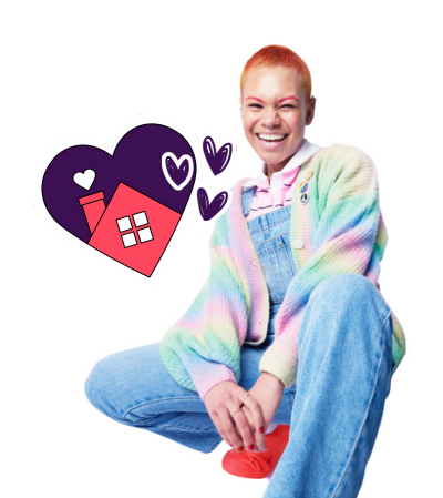 A person in a colorful sweater and jeans is sitting with a red object in hand, with a heart-shaped graphic with a house and two hearts above them.