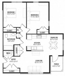 2 Bedroom 1 Bath-2D Floorplan, Cornerstone Village Pittsburgh, PA