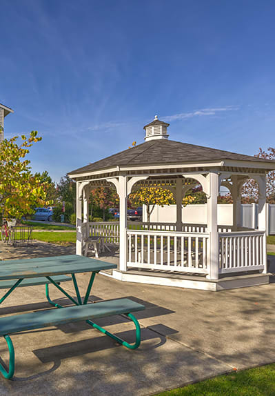 a gazebo with a picnic table in a park at VINTAGE AT Sequim Apartments, Sequim ,Washington, 98382
