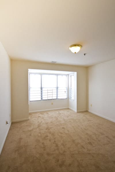 bedroom with 3 panel window, white walls and carpeted floors