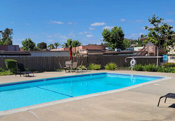 a swimming pool with chairs and trees in the background
