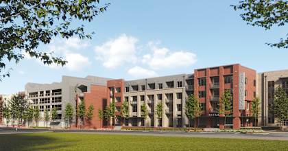a rendering of a building with trees in front of it