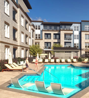 A rendering of an apartment complex with a swimming pool and lounge chairs