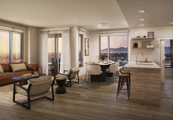 A modern kitchen with a view of the city.