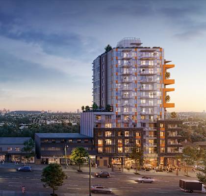 Two modern apartment buildings are shown in the image.