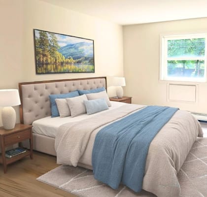 A bedroom with a large bed and a painting on the wall.