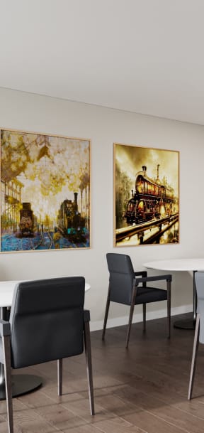 a dining room with tables and chairs and a kitchen