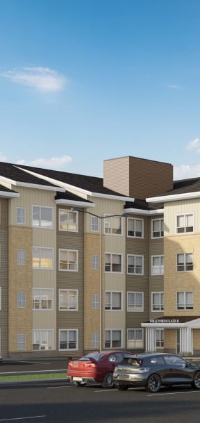 a rendering of an apartment building in a parking lot with cars