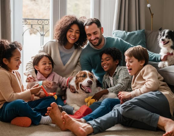 a family is sitting on the floor with their dog
