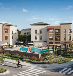 a rendering of an apartment complex with a swimming pool at North Grove, Riverside California
