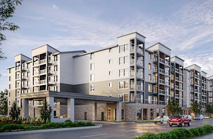 a rendering of a large apartment building with cars parked in front of itat Ovation at Meeker, Washington