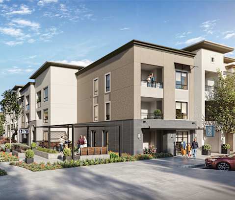 a rendering of a development of townhouses and apartments on a street at North Grove, Riverside
